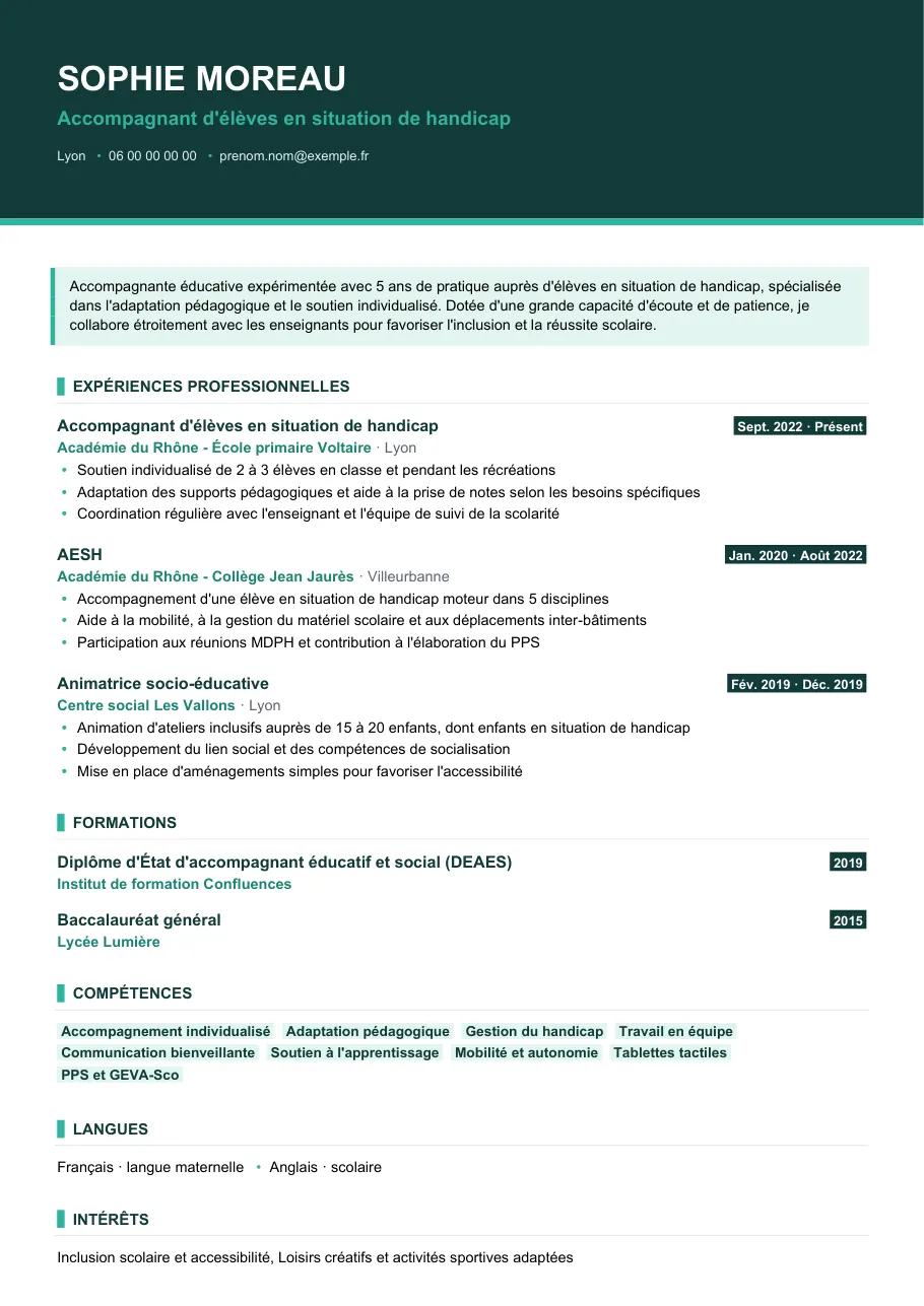 Exemple de CV de cv aesh : réussir sa reconversion, modèle Visuel d'IGOR