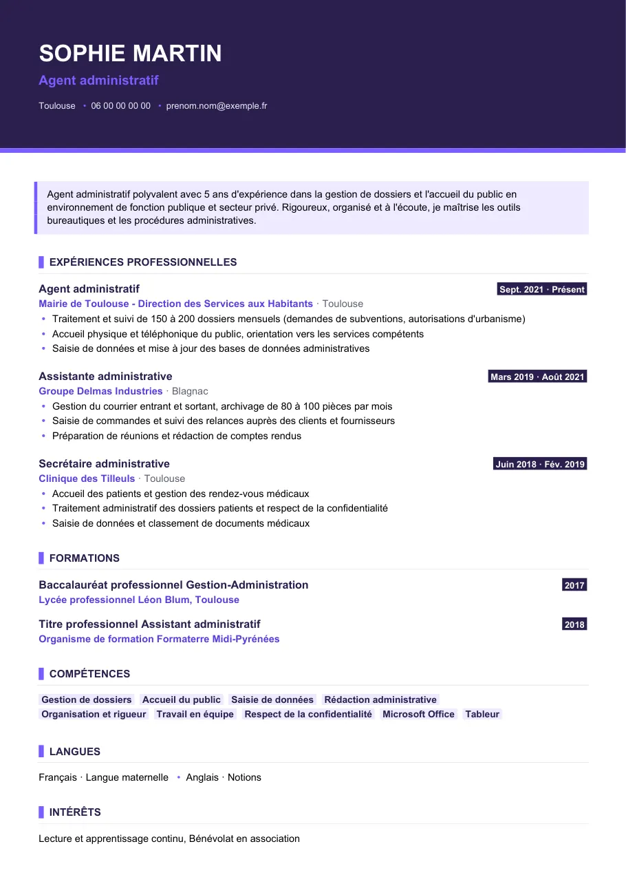 Exemple de CV de cv agent administratif : le bon vocabulaire, modèle Visuel d'IGOR