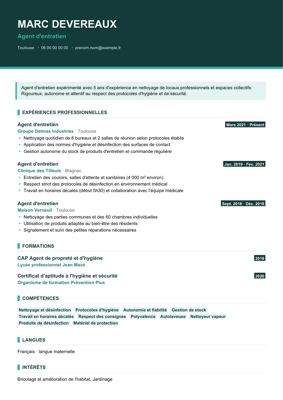 Exemple de CV de cv agent d'entretien : le premier tri, modèle Visuel d'IGOR