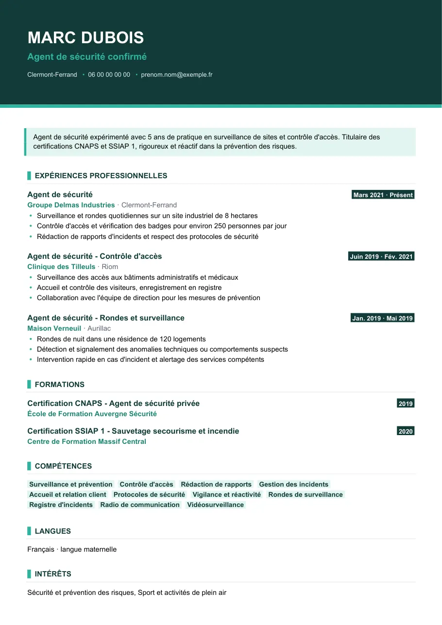Exemple de CV de cv agent de sécurité : chiffrer son expérience, modèle Visuel d'IGOR
