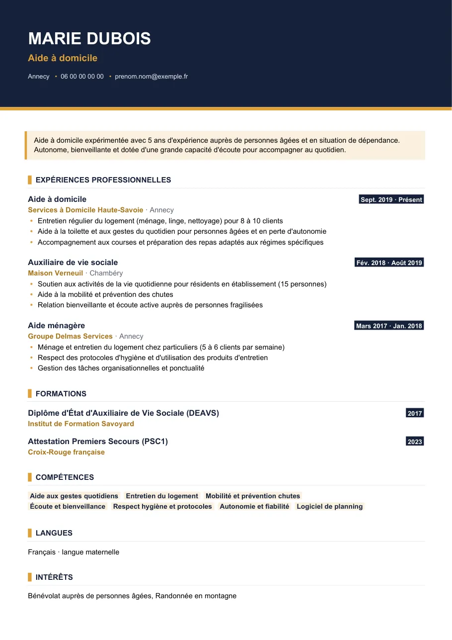 Exemple de CV de cv aide à domicile : débutant ou expérimenté, modèle Visuel d'IGOR