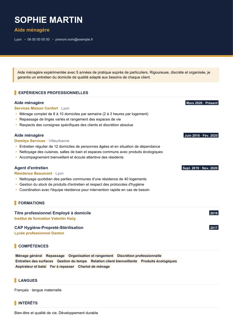 Exemple de CV de cv aide ménagère : junior ou expérimentée, modèle Visuel d'IGOR