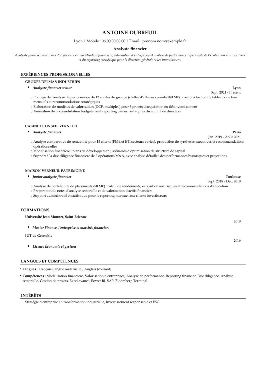 Exemple de CV d'analyste financier