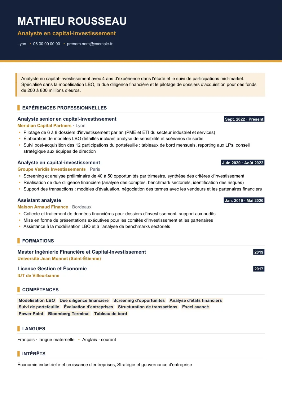 Exemple de CV de cv d'analyste en capital-investissement, modèle Visuel d'IGOR