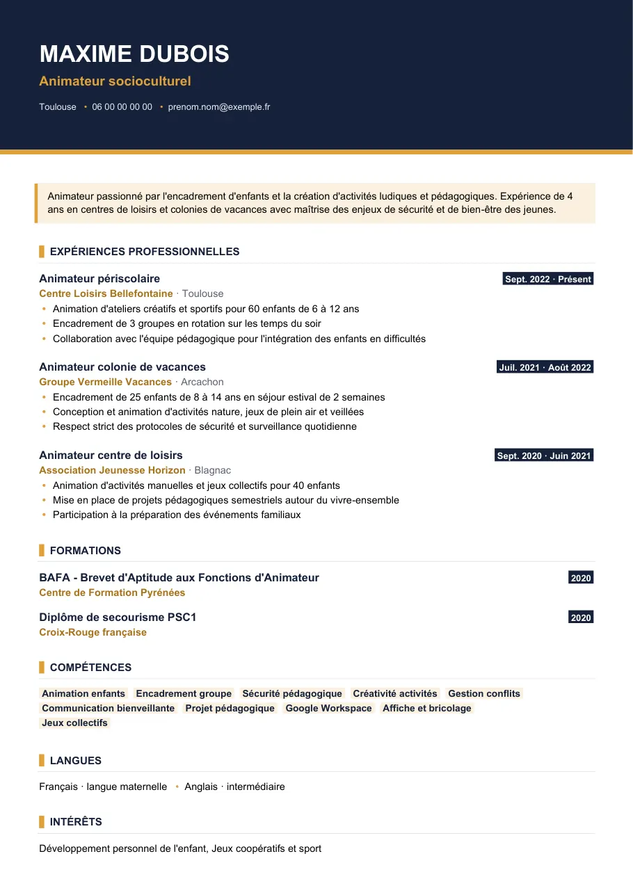 Exemple de CV de cv d'animateur : un dossier cohérent, modèle Visuel d'IGOR