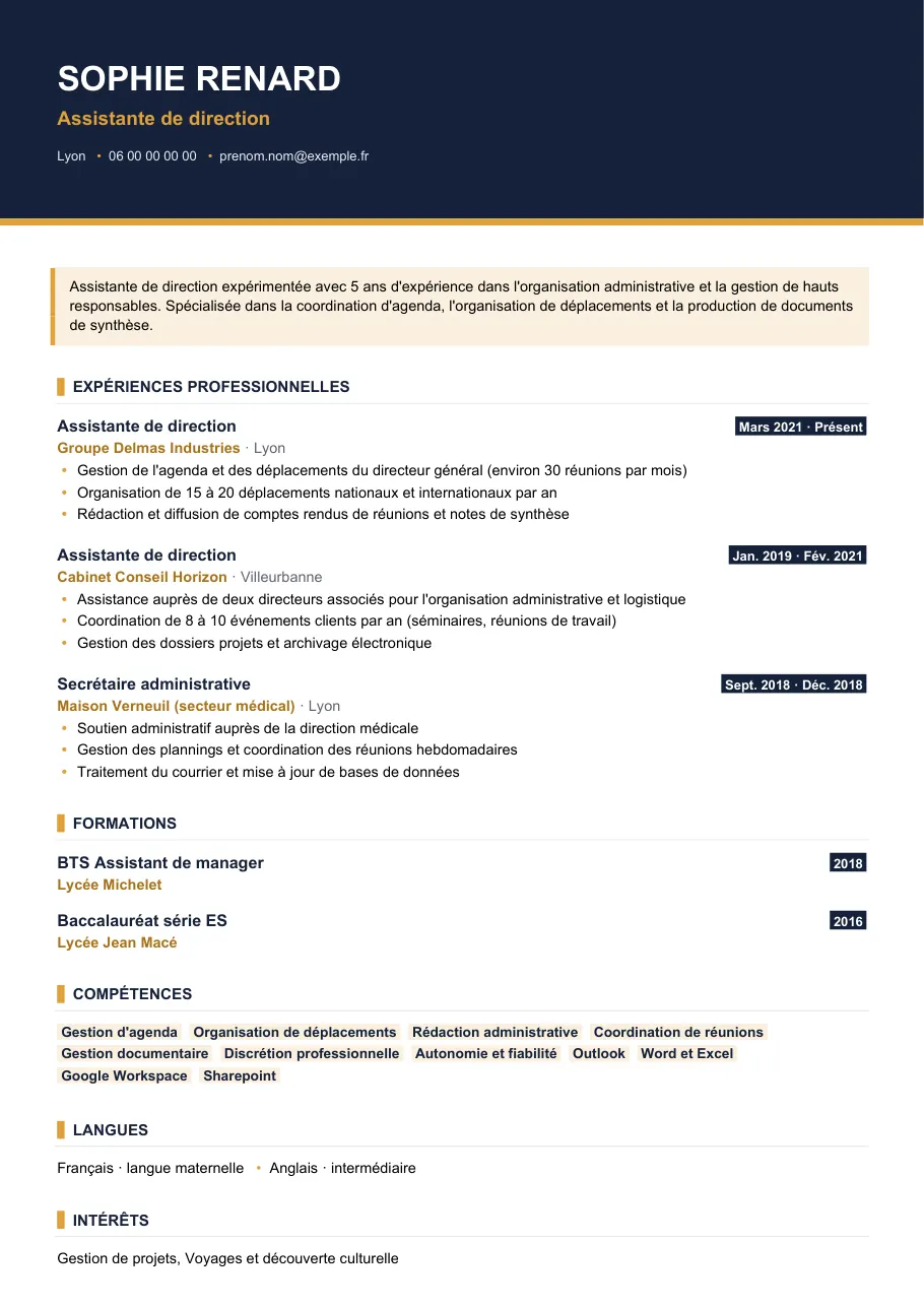 Exemple de CV de cv assistant de direction, modèle Visuel d'IGOR