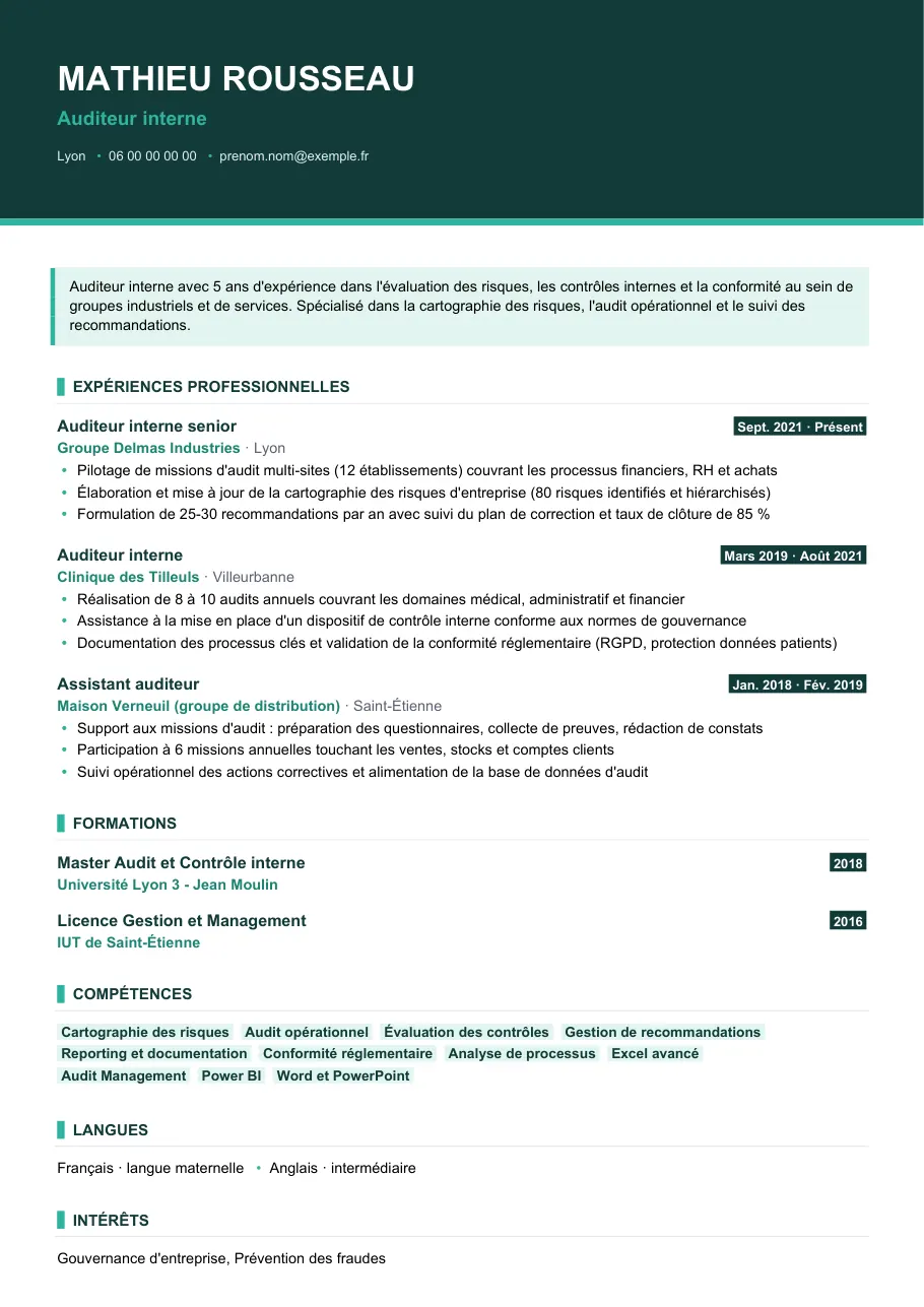 Exemple de CV de cv auditeur interne : comment le structurer, modèle Visuel d'IGOR