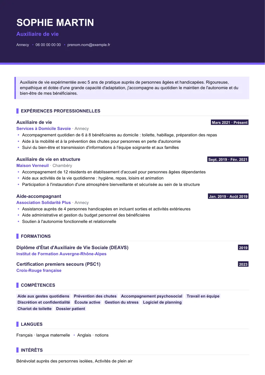 Exemple de CV de cv auxiliaire de vie : un dossier cohérent, modèle Visuel d'IGOR