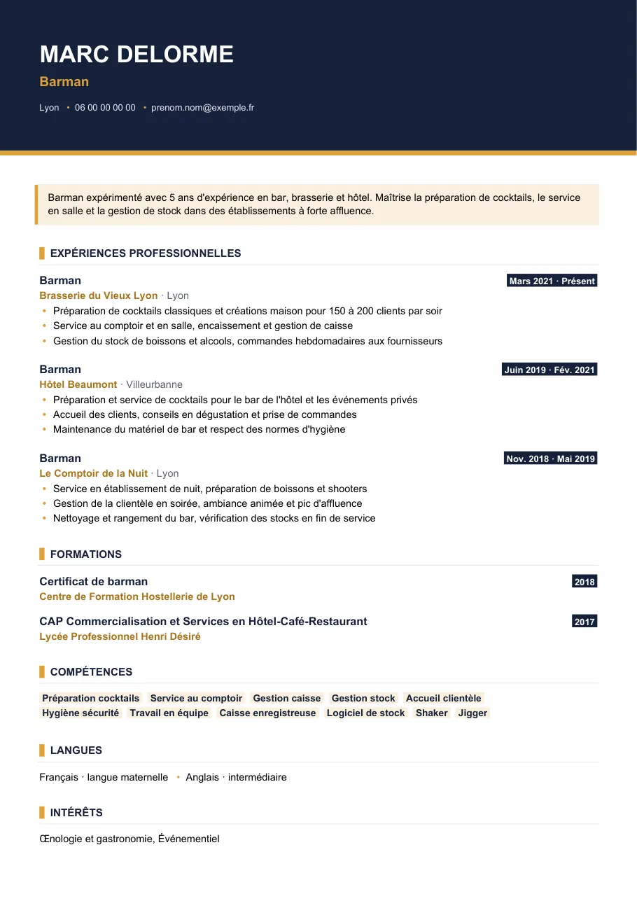 Exemple de CV de cv de barman : misez sur les chiffres, modèle Visuel d'IGOR