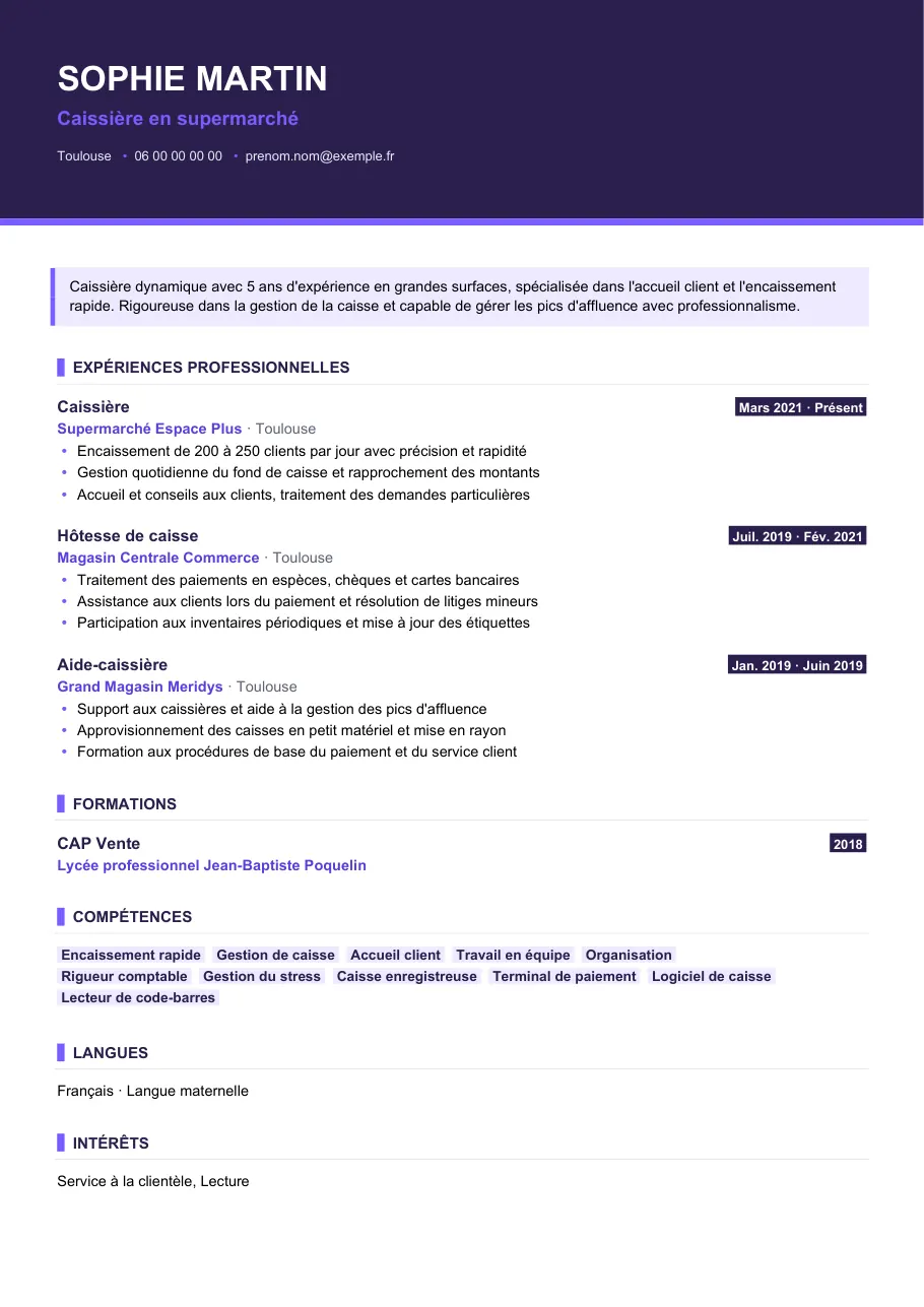 Exemple de CV de cv de caissier en reconversion, modèle Visuel d'IGOR