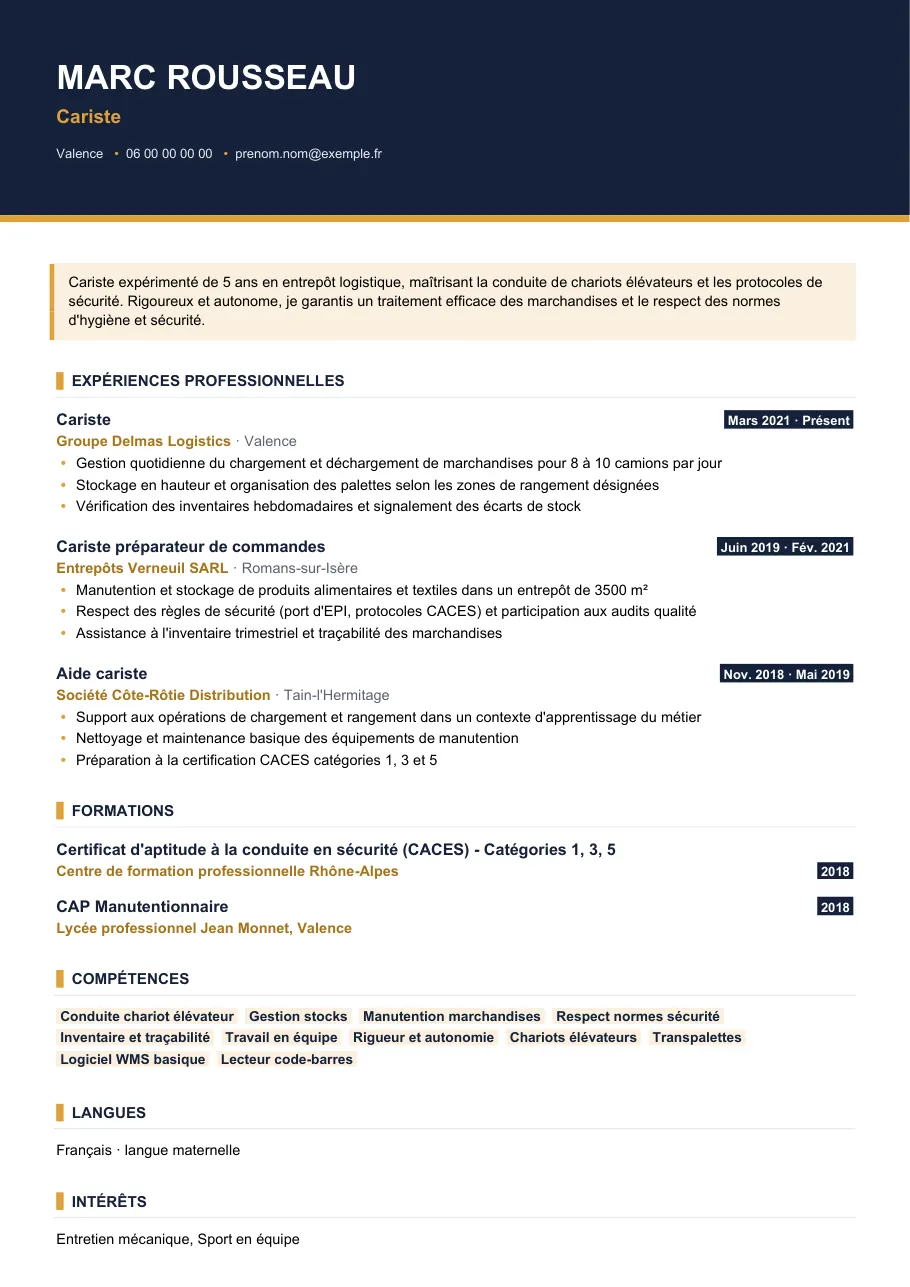Exemple de CV de cv de cariste : misez sur les chiffres, modèle Visuel d'IGOR