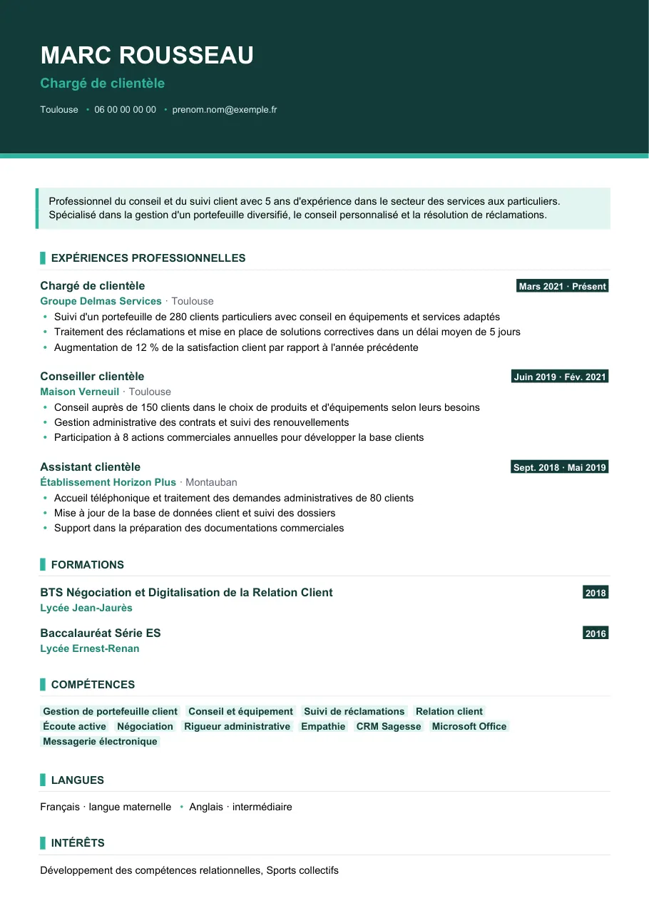 Exemple de CV de cv de chargé de clientèle : le guide complet, modèle Visuel d'IGOR