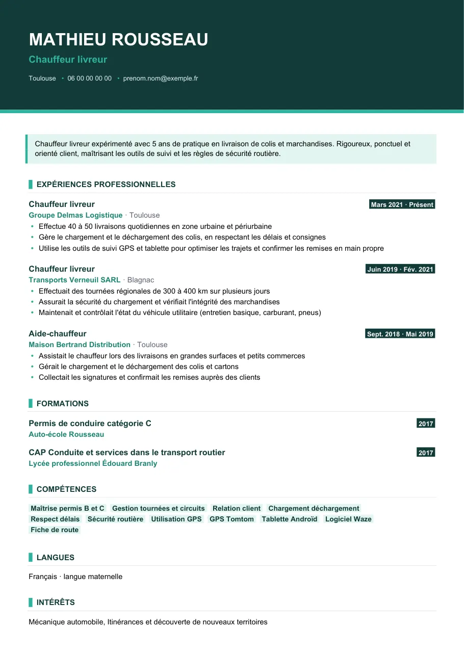 Exemple de CV de cv de chauffeur livreur en reconversion, modèle Visuel d'IGOR
