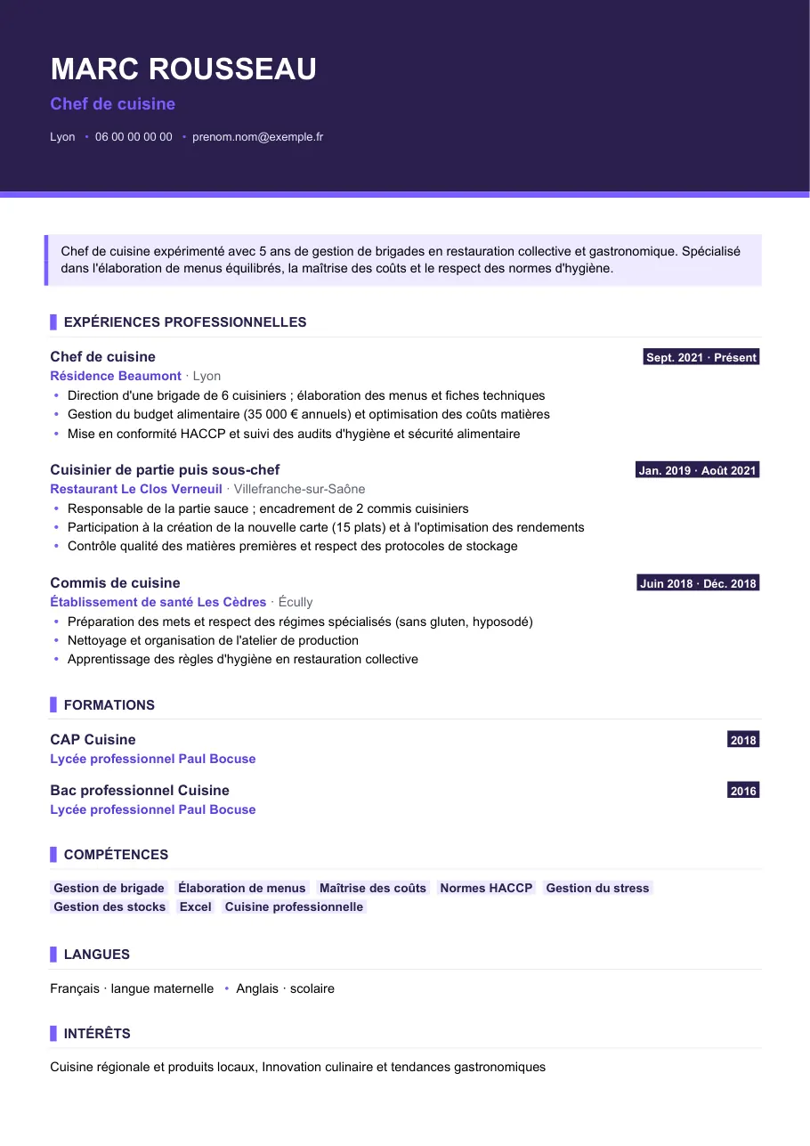 Exemple de CV de cv de chef de cuisine : brigade et carte, modèle Visuel d'IGOR