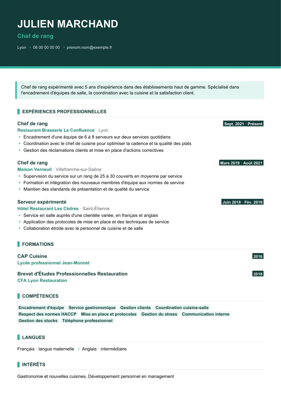 Exemple de CV de cv de chef de rang : le guide complet, modèle Visuel d'IGOR