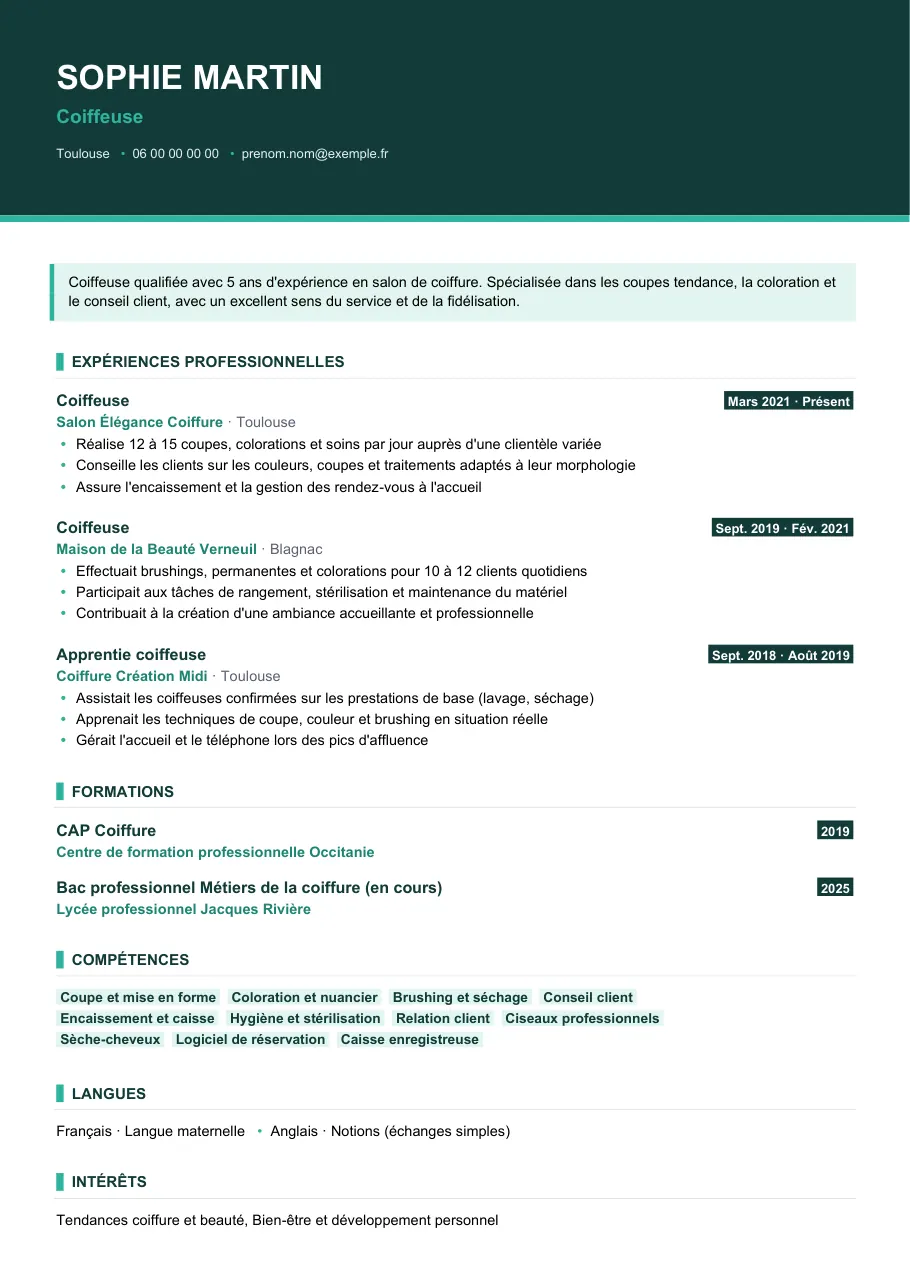 Exemple de CV de cv coiffeuse : junior ou expérimentée, modèle Visuel d'IGOR