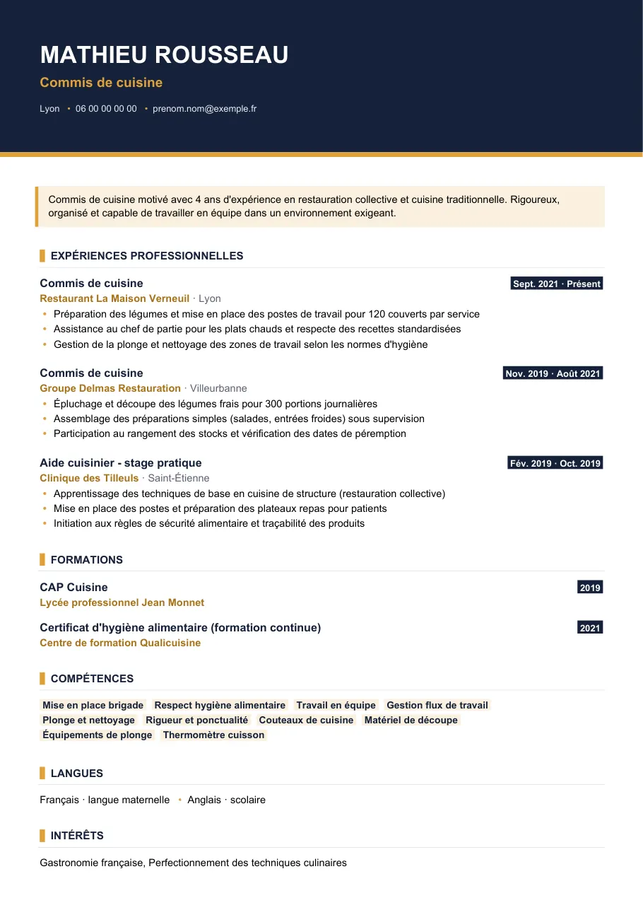 Exemple de CV de cv de commis de cuisine : le guide pour un premier poste, modèle Visuel d'IGOR