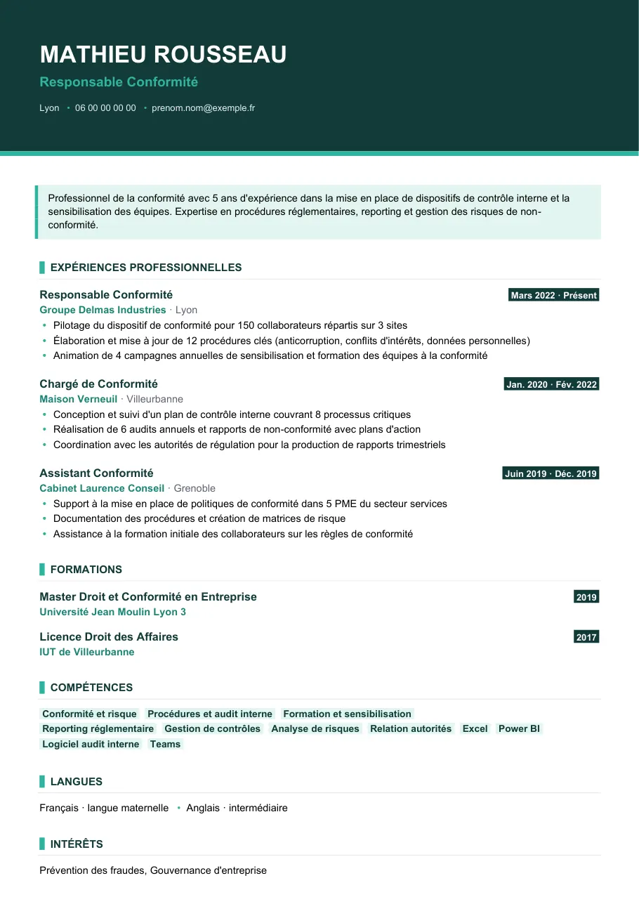 Exemple de CV de rédiger un cv de responsable conformité, modèle Visuel d'IGOR