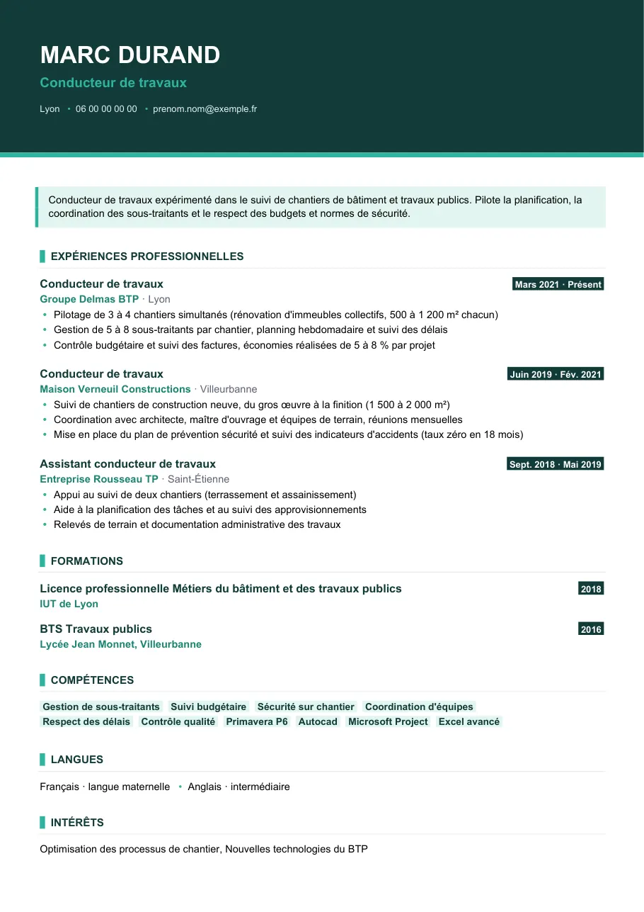 Exemple de CV de cv conducteur de travaux, modèle Visuel d'IGOR