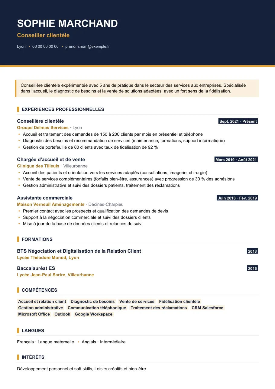 Exemple de CV de cv conseiller clientèle : le guide complet, modèle Visuel d'IGOR