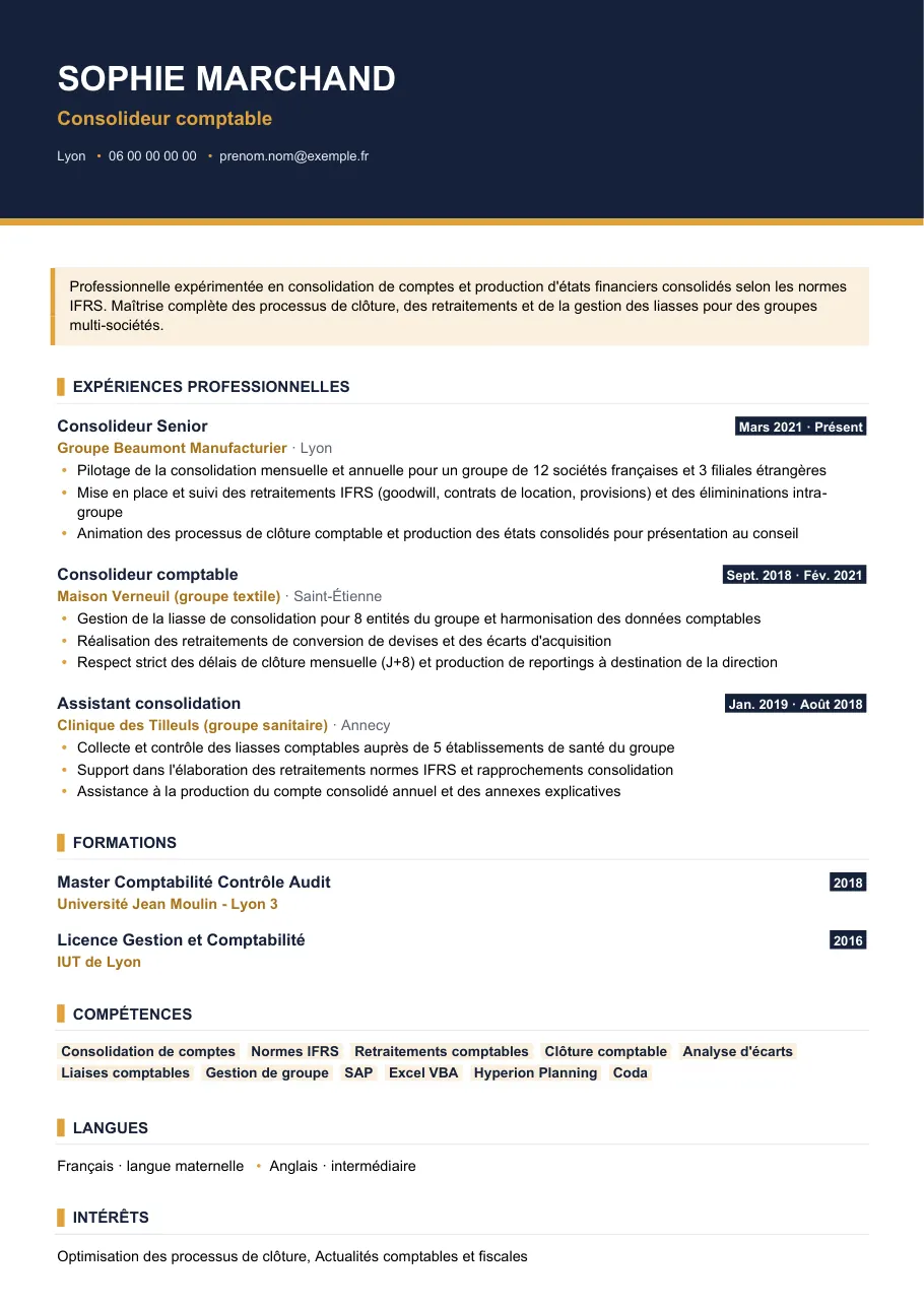 Exemple de CV de cv de consolideur : structurer votre expérience, modèle Visuel d'IGOR