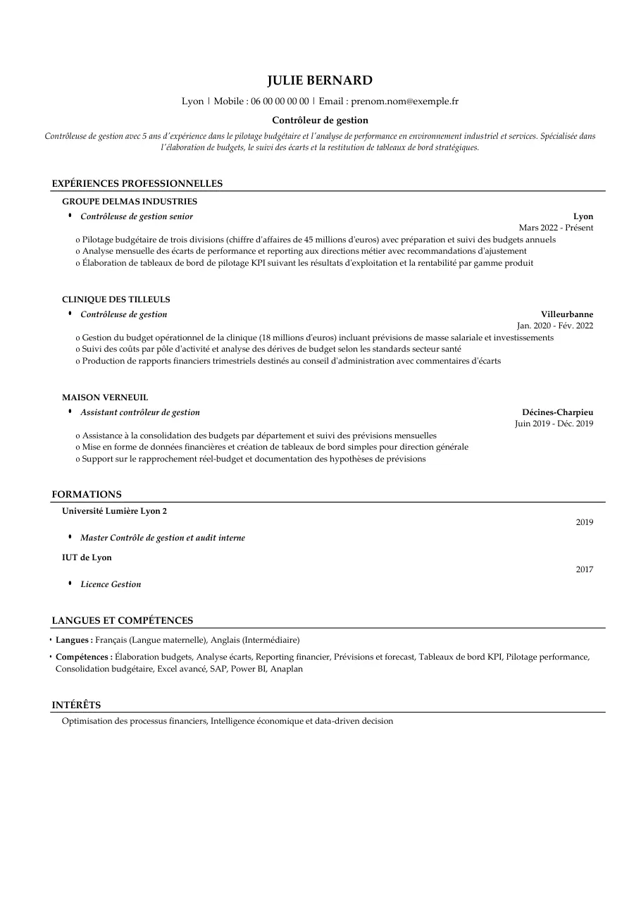 Exemple de CV de contrôleur de gestion