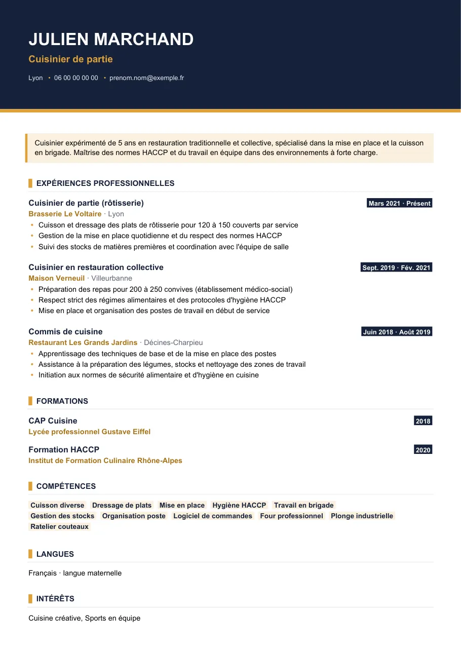 Exemple de CV de cv cuisinier : junior ou expérimenté, modèle Visuel d'IGOR
