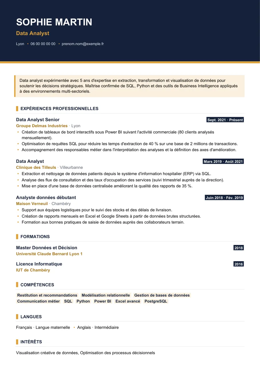 Exemple de CV de cv de data analyst : le guide complet, modèle Visuel d'IGOR