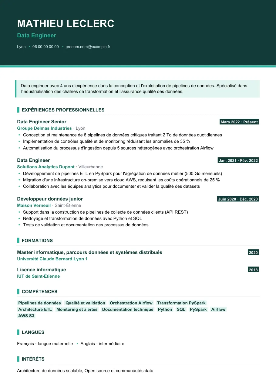 Exemple de CV de rédiger un cv de data engineer, modèle Visuel d'IGOR