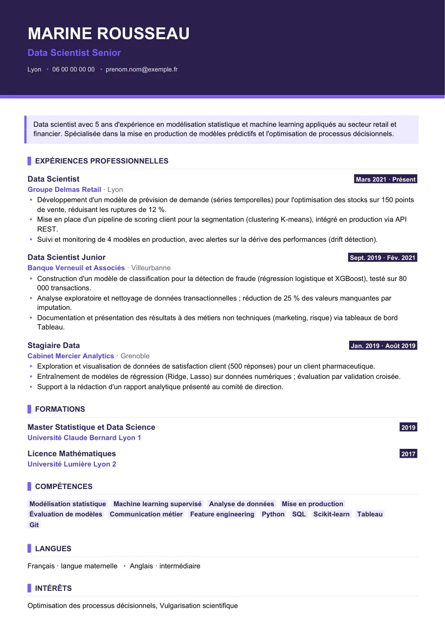 Exemple de CV de rédiger un cv de data scientist convaincant, modèle Visuel d'IGOR