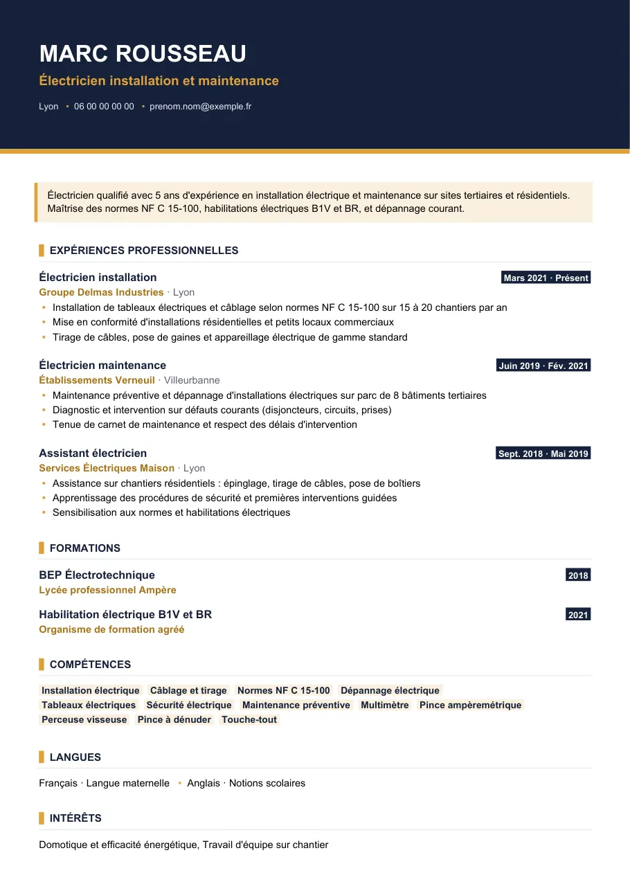 Exemple de CV de cv électricien : le bon vocabulaire technique, modèle Visuel d'IGOR