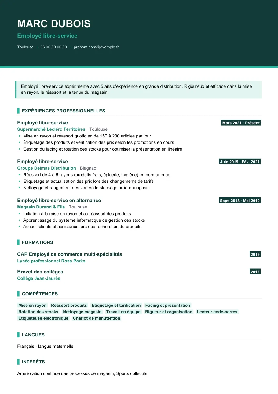 Exemple de CV de cv employé libre-service : le premier tri en 40 secondes, modèle Visuel d'IGOR