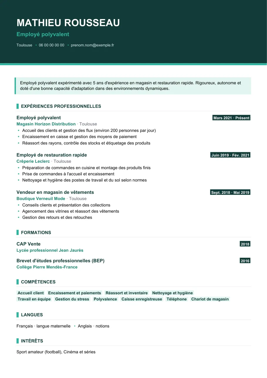 Exemple de CV de cv employé polyvalent : le premier tri en 40 secondes, modèle Visuel d'IGOR