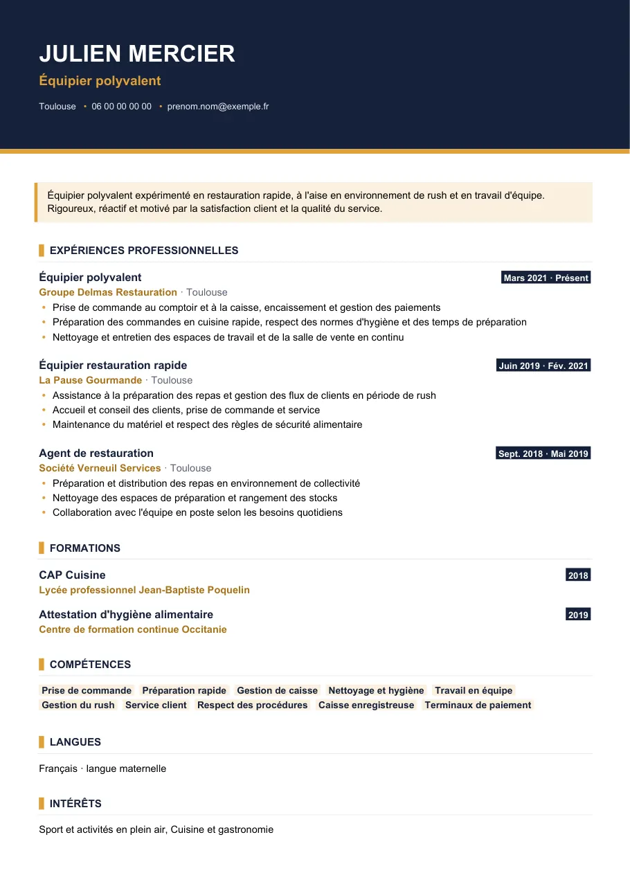 Exemple de CV de cv équipier polyvalent : miser sur les chiffres, modèle Visuel d'IGOR