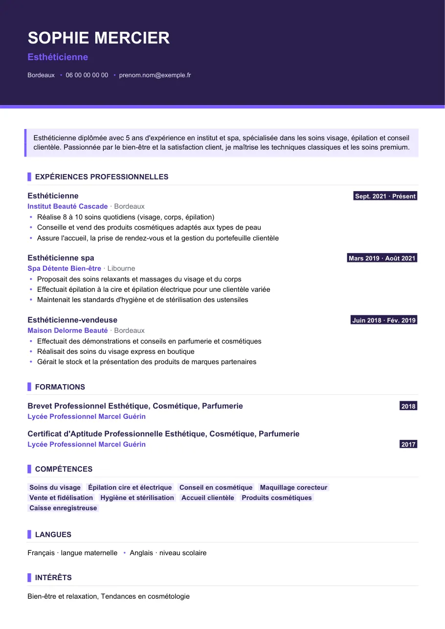 Exemple de CV de cv esthéticienne : le bon vocabulaire, modèle Visuel d'IGOR