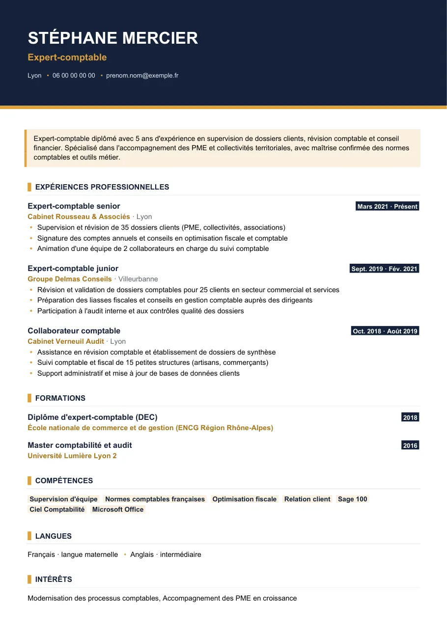 Exemple de CV de cv d'expert-comptable : la méthode, modèle Visuel d'IGOR