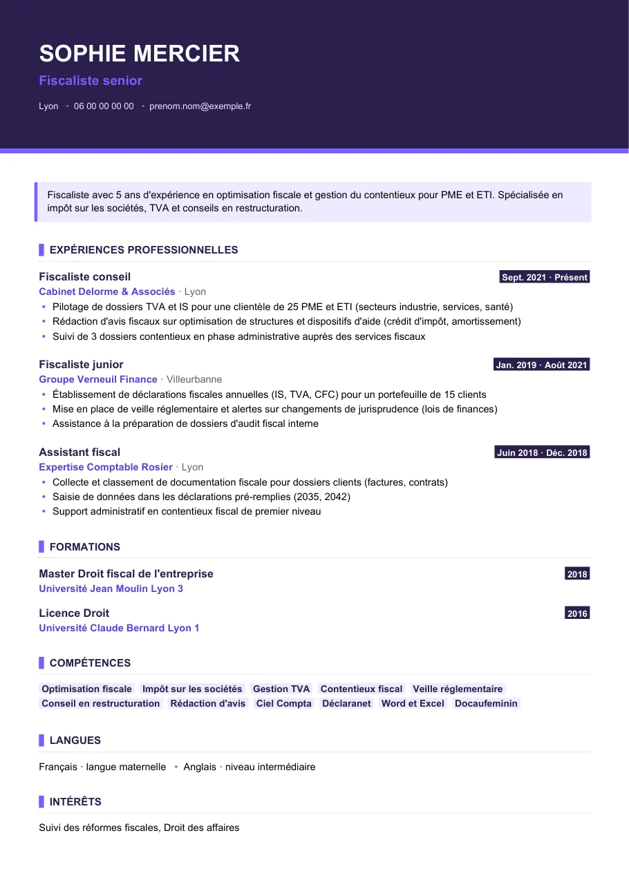 Exemple de CV de rédiger un cv de fiscaliste convaincant, modèle Visuel d'IGOR