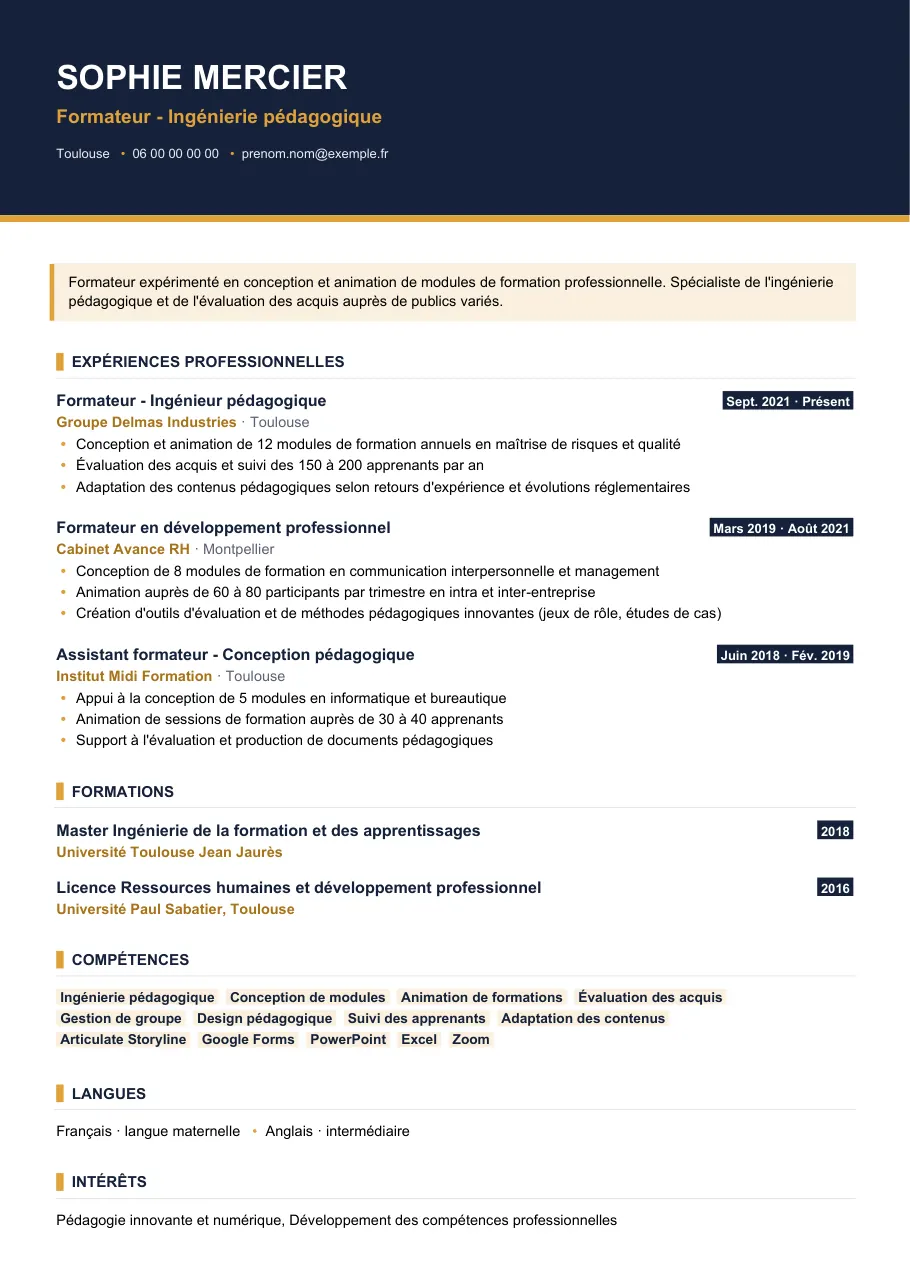 Exemple de CV de cv de formateur : le guide complet, modèle Visuel d'IGOR