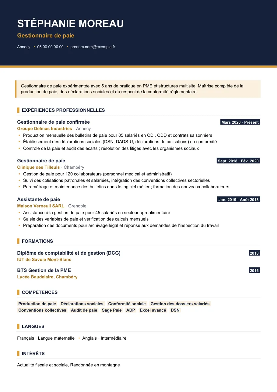 Exemple de CV de cv de gestionnaire de paie, modèle Visuel d'IGOR
