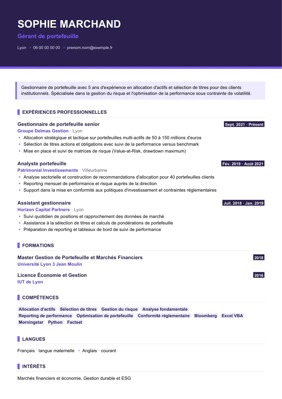 Exemple de CV de cv de gérant de portefeuille, modèle Visuel d'IGOR