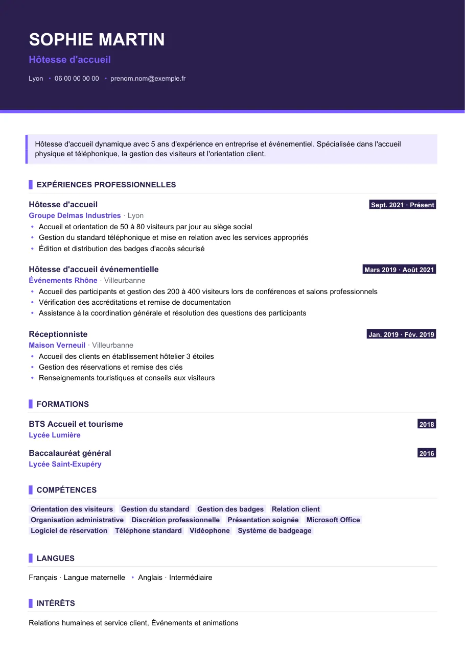Exemple de CV de cv hôtesse d'accueil : l'essentiel, modèle Visuel d'IGOR