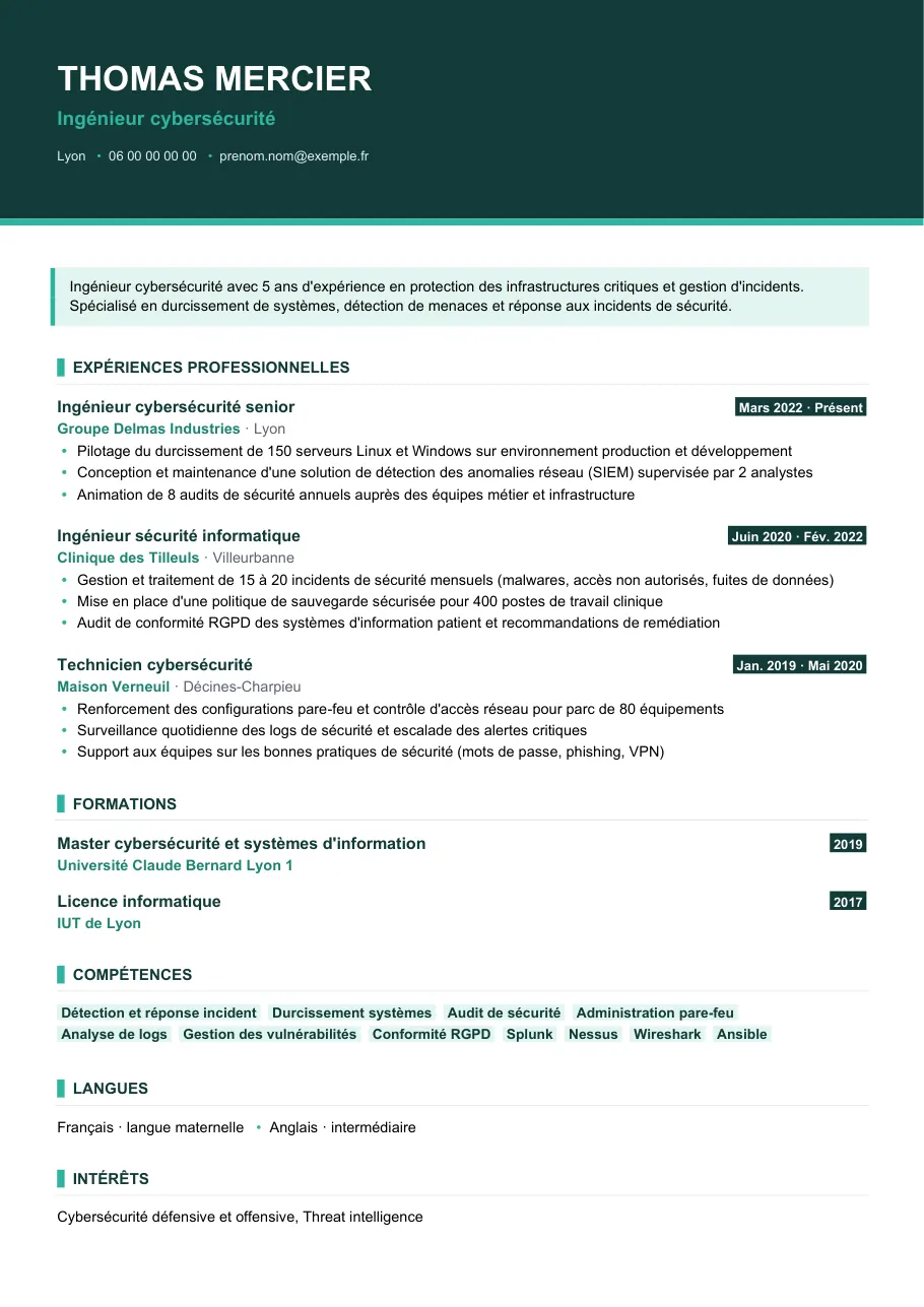 Exemple de CV de cv ingénieur cybersécurité, modèle Visuel d'IGOR