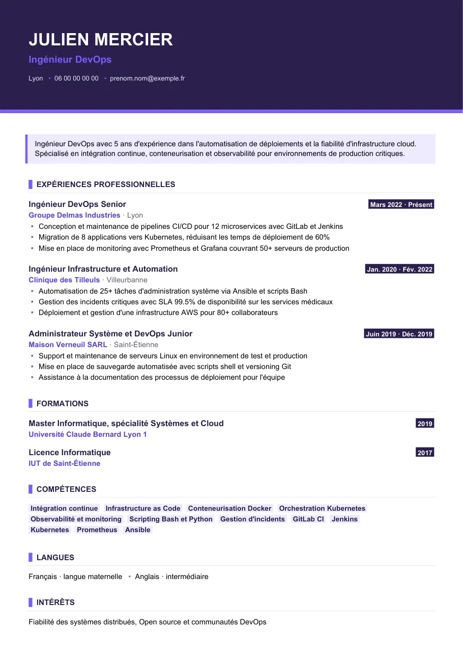 Exemple de CV de rédiger un cv d'ingénieur devops efficace, modèle Visuel d'IGOR