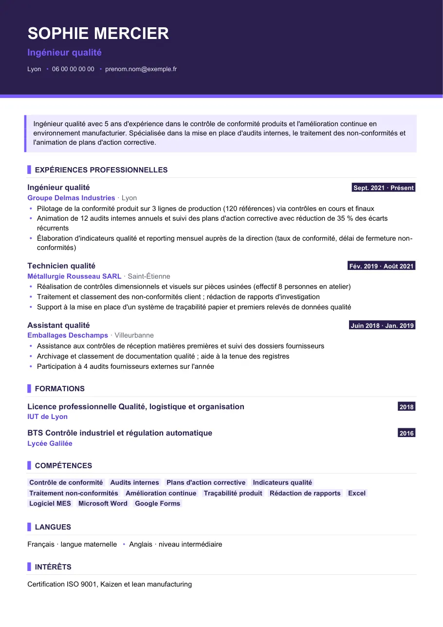 Exemple de CV de cv ingénieur qualité : le guide complet, modèle Visuel d'IGOR