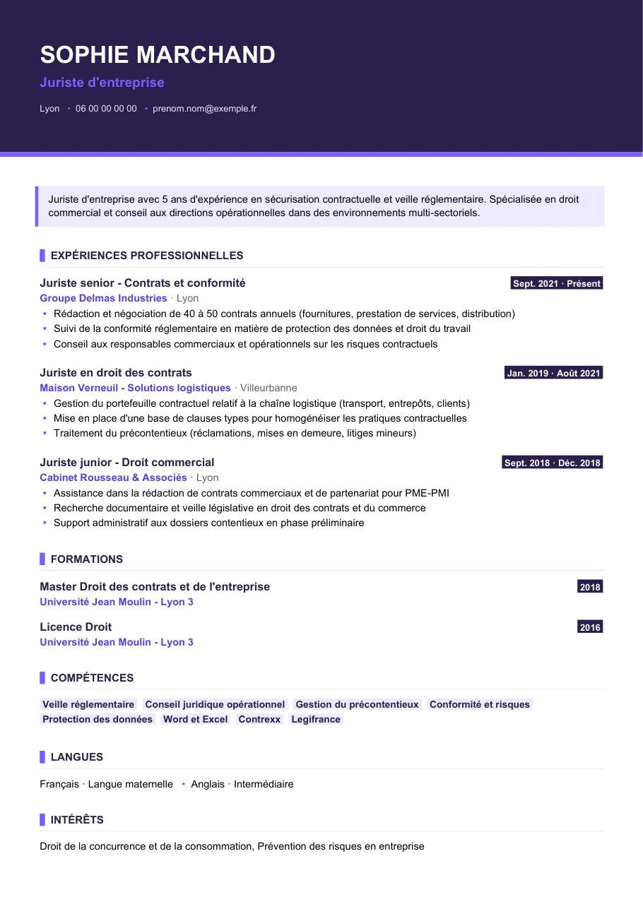 Exemple de CV de cv de juriste d'entreprise, modèle Visuel d'IGOR