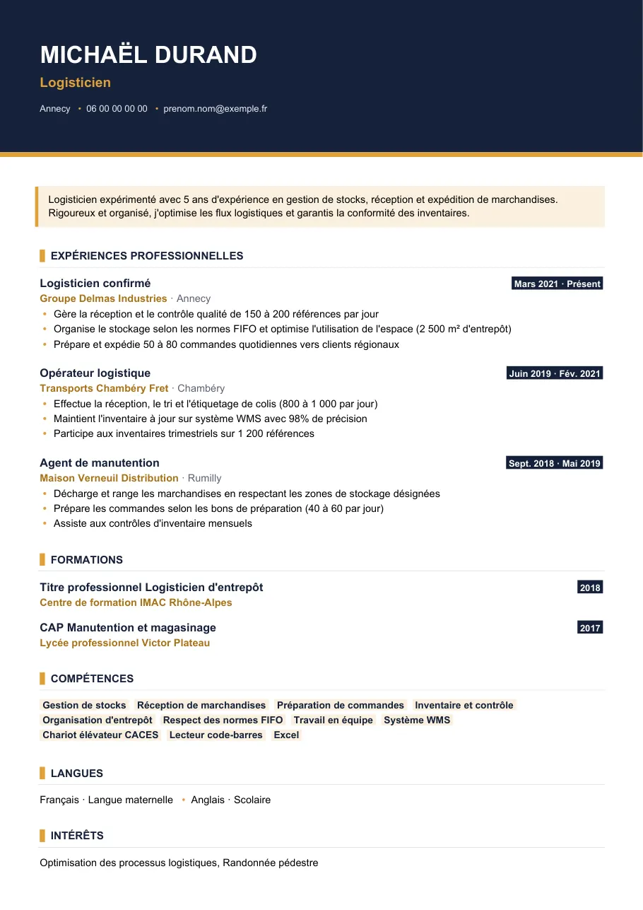 Exemple de CV de cv de logisticien : le guide pratique, modèle Visuel d'IGOR