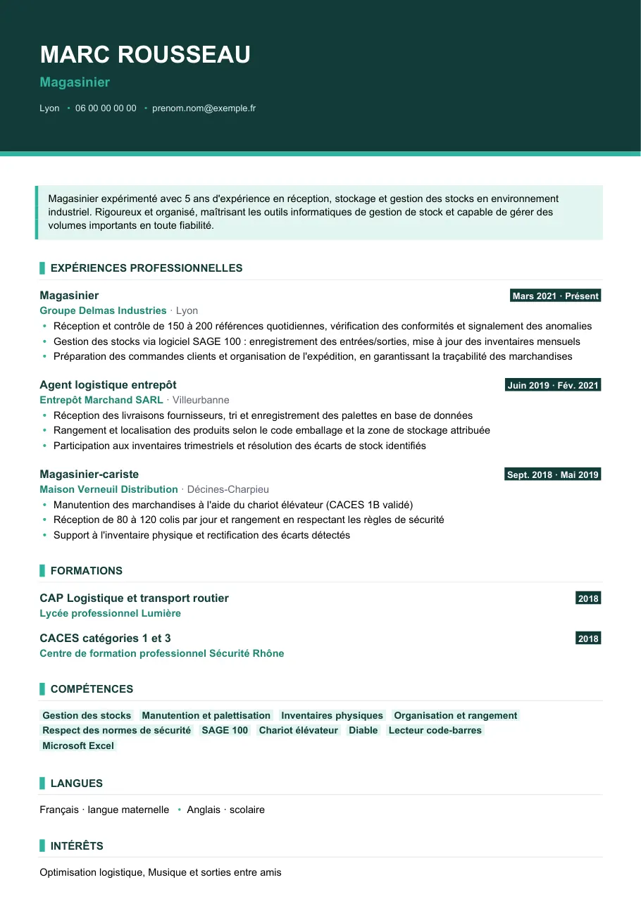 Exemple de CV de cv de magasinier en reconversion, modèle Visuel d'IGOR