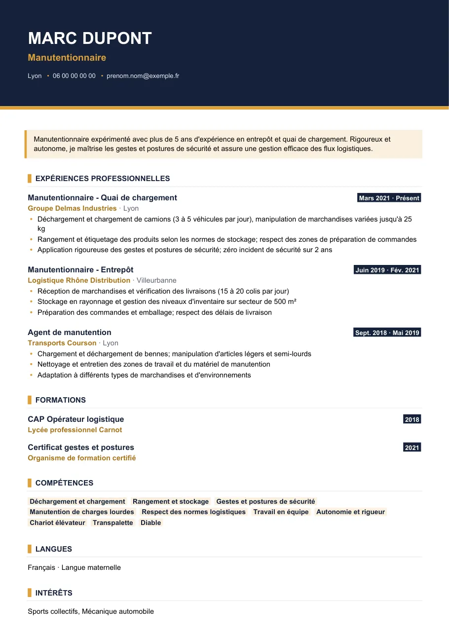 Exemple de CV de cv manutentionnaire : misez sur les chiffres, modèle Visuel d'IGOR