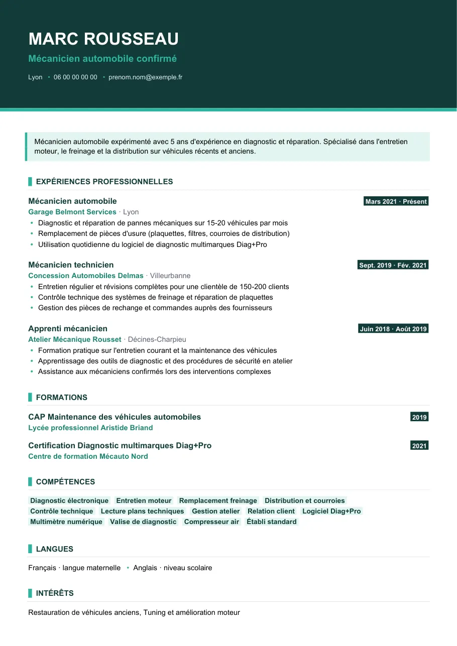 Exemple de CV de cv de mécanicien automobile en reconversion, modèle Visuel d'IGOR