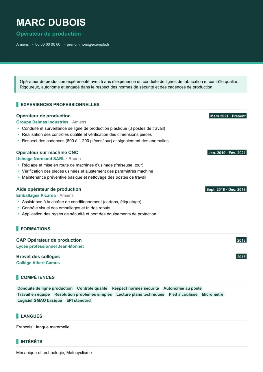 Exemple de CV de cv opérateur de production : le premier tri, modèle Visuel d'IGOR